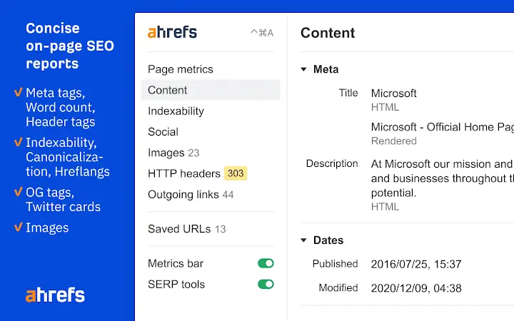 Ahrefs SEO Toolbar: On-Page and SERP Tools Chrome Extension